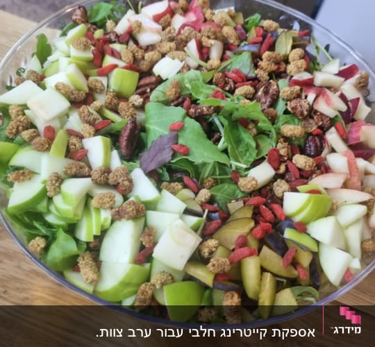קערת סלט עם תפוחים, עלים ירוקים ואגוזים